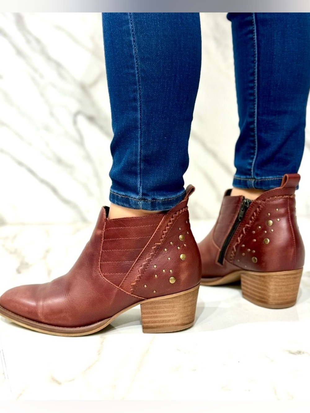 Musse & Cloud Cognac Leather Studded Ankle Boots Size 9